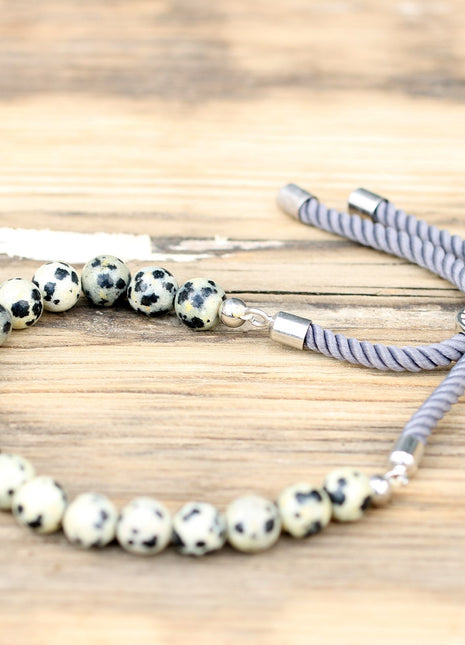 925 Silver Plated Gemstone Charcoal String Bracelet - Dalmation Jasper