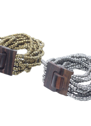 Multi-Bead Bangle Wooden Clasp - Asst Gold/Bronze