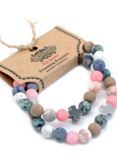 Set of 2 Gemstones Friendship Bracelets - Harmony - Rainbow Gemstones