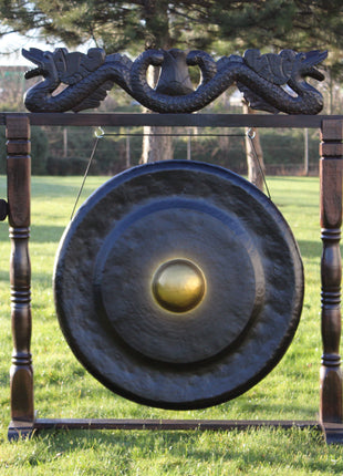 Large Gong in Brown Antique Stand - 80cm - Black
