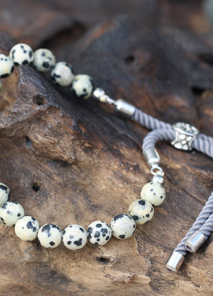 925 Silver Plated Gemstone Charcoal String Bracelet - Dalmation Jasper