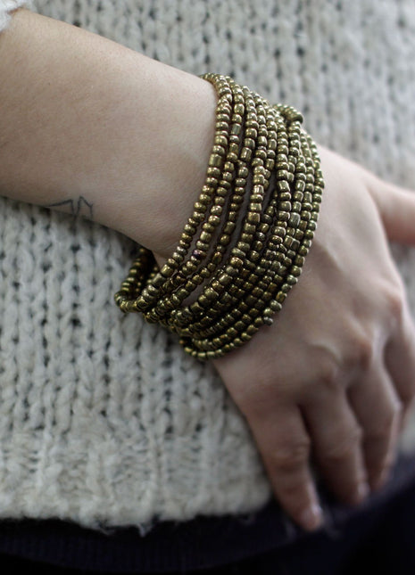 Multi-Bead Bangle Wooden Clasp - Asst Gold/Bronze