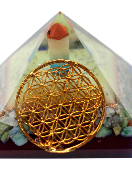 Lrg Organite Pyramid 70mm - Flower of life symbol