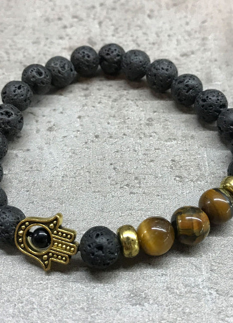 Lava Stone Bracelet - Hamsa Tiger-eye