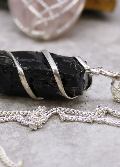 Cascade Wrapped Gemstone Necklace - Rough Black Onyx