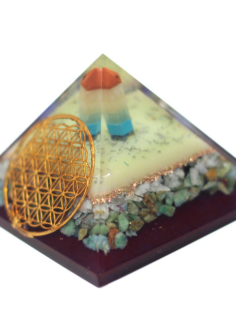 Lrg Organite Pyramid 70mm - Flower of life symbol