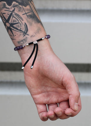 925 Silver Plated Gemstone Charcoal String Bracelet - Dalmation Jasper