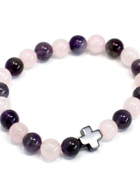 Set of 2 Gemstones Friendship Bracelets - Love - Amethyst & Rose Quartz