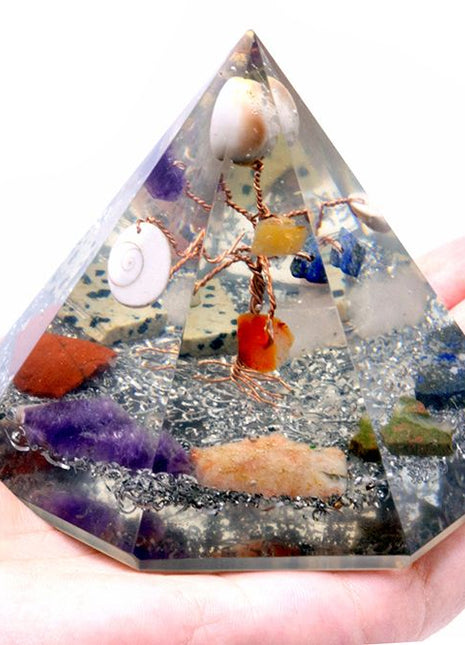 Orgonite 7 sided Pyramid - Gemstone Wisdom Tree - 90 mm