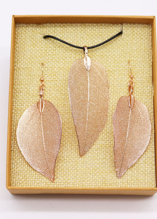 Necklace & Earring Set - Bravery Leaf - Pink Gold