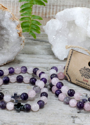 Set of 2 Gemstones Friendship Bracelets - Love - Amethyst & Rose Quartz