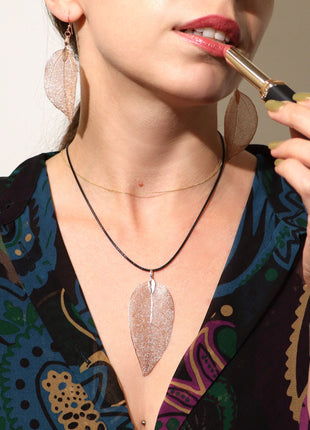 Necklace & Earring Set - Bravery Leaf - Pink Gold