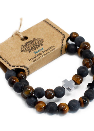 Set of 2 Gemstones Friendship Bracelets - Power - Tiger Eye & Black Stone