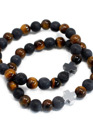 Set of 2 Gemstones Friendship Bracelets - Power - Tiger Eye & Black Stone