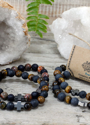 Set of 2 Gemstones Friendship Bracelets - Power - Tiger Eye & Black Stone