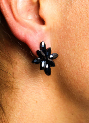 Jet Black - Vintage Glass - Flowers - Earrings