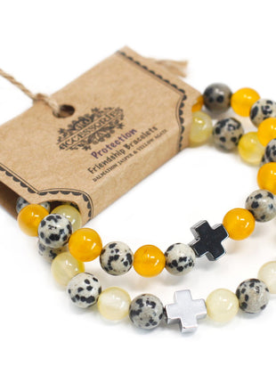 Set of 2 Gemstones Friendship Bracelets - Protection - Dalmation Jasper & Yellow Agate