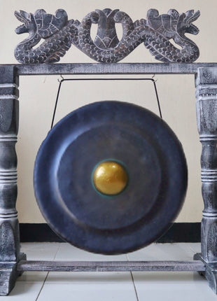 Large Gong in Brown Antique Stand - 80cm - Black