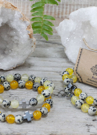 Set of 2 Gemstones Friendship Bracelets - Protection - Dalmation Jasper & Yellow Agate