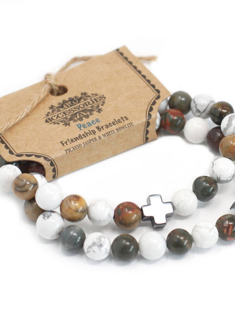 Set of 2 Gemstones Friendship Bracelets - Peace - Picasso Jasper & White Howlite