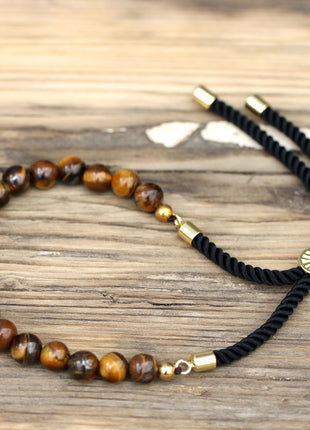 18K Gold Plated Gemstone Black String Bracelet - Tiger Eye