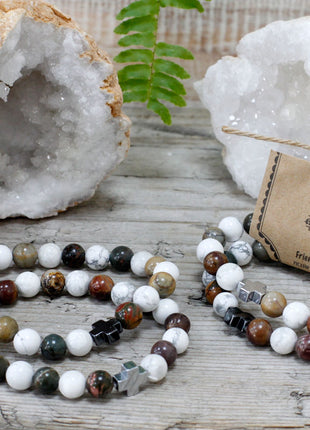 Set of 2 Gemstones Friendship Bracelets - Peace - Picasso Jasper & White Howlite