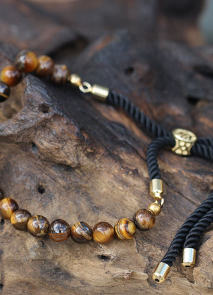 18K Gold Plated Gemstone Black String Bracelet - Tiger Eye