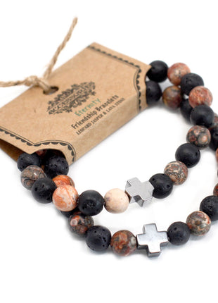 Set of 2 Gemstones Friendship Bracelets - Eternity - Leopard Skin Jasper & Lava Stone