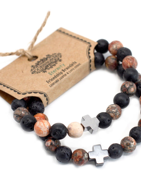 Set of 2 Gemstones Friendship Bracelets - Eternity - Leopard Skin Jasper & Lava Stone