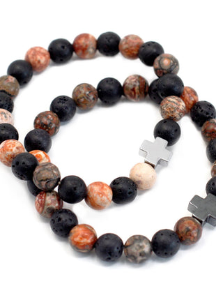 Set of 2 Gemstones Friendship Bracelets - Eternity - Leopard Skin Jasper & Lava Stone
